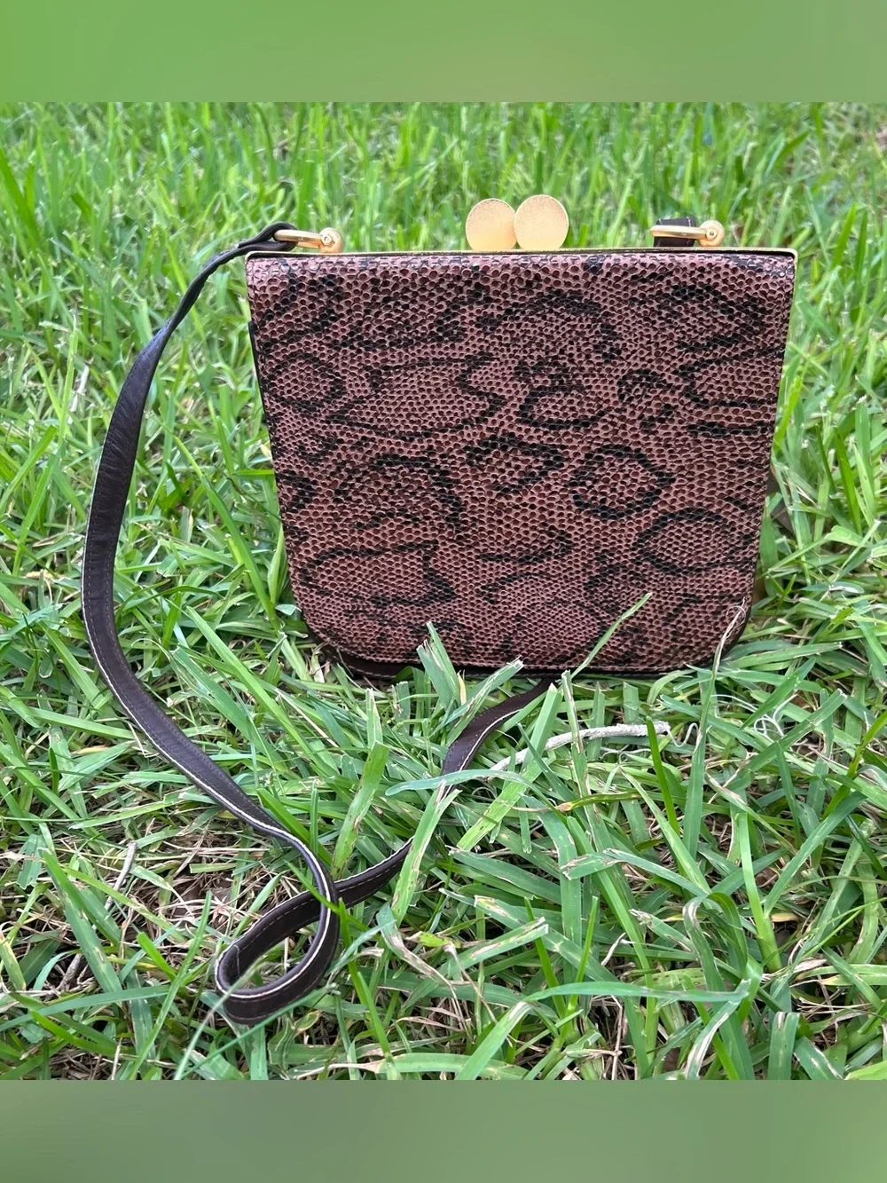 Vintage Brown Reptile Print Clutch with Gold Frame